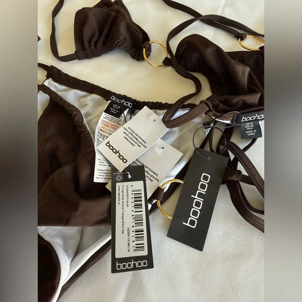 BOOHOO Brown Ring-Detail Triangle Bikini Top & Tie-Side Bottoms - NEW - Size 6